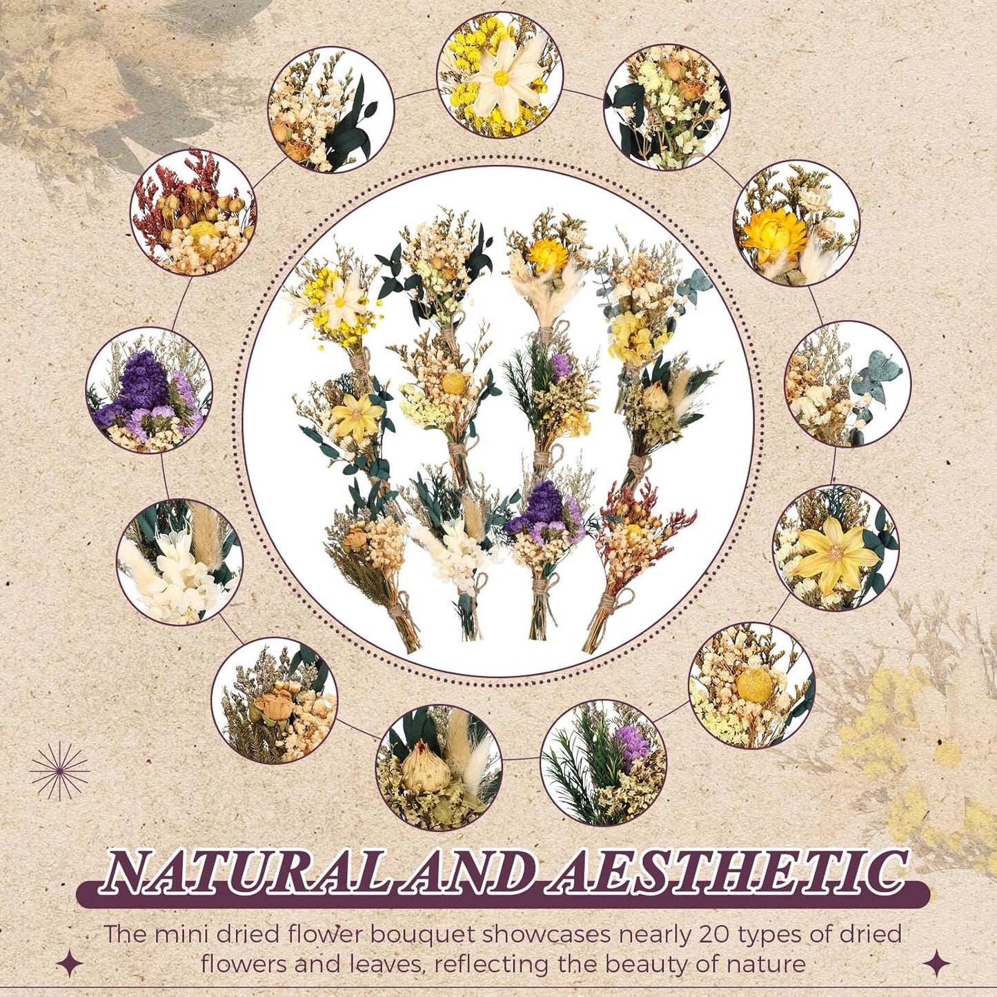 Layhit 24 Pcs Boho Dried Flower Bouquet Mini Wedding Handmade Dry Flowers Decor for Vase Crafts DIY Photo Boutonniere for Men Floral Plant for Bridesmaid Gift Birthday Decor (Vivid)