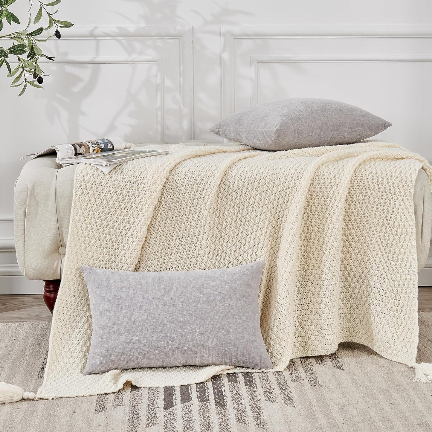 GAWAMAY Lumbar Support Pillow Decorative Throw Pillow Covers 12"x20" Inch Set of 2, Super Soft Chenille Pillowcase for Living Room Bedroom Sofa Couch Cushion Cover Light Grey 30x50cm (ONLY Covers)