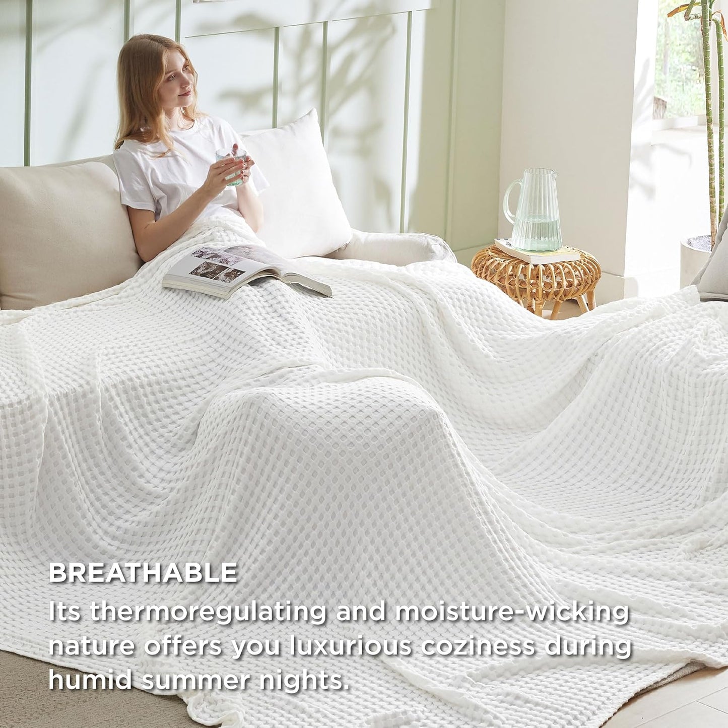 Bedsure Cooling Cotton Waffle Oversized King Blanket - Lightweight Breathable Blankets Rayon Derived from Bamboo for Hot Sleepers, Luxury Throws for Bed and Sofa, White, 120x96 Inches