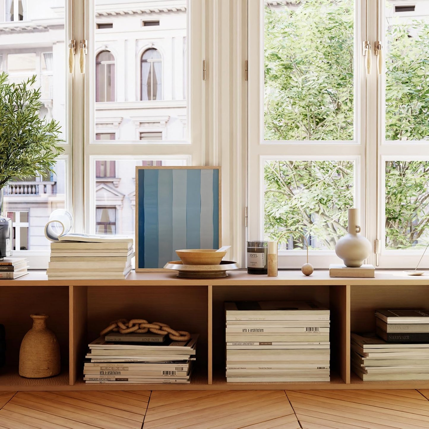 HAUS AND HUES Modern Abstract Wall Art - Blue and Green Living Room Art, Modern Artwork for Walls, Minimalist Picture for Living Room(Painted Stripes, Beige Frame, 16x20)