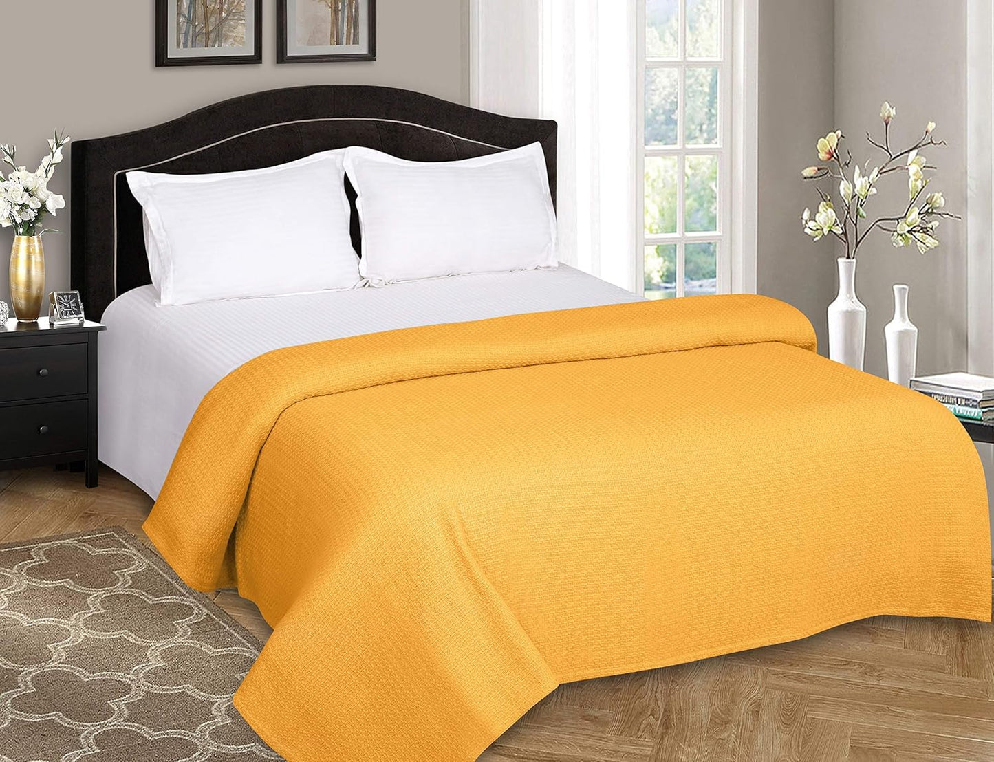 BELIZZI HOME 100% Cotton Bed Blanket, Breathable Bed Blanket Twin Size, Cotton Thermal Blankets Twin, Perfect for Layering Any Bed for All Season, Mustard Yellow
