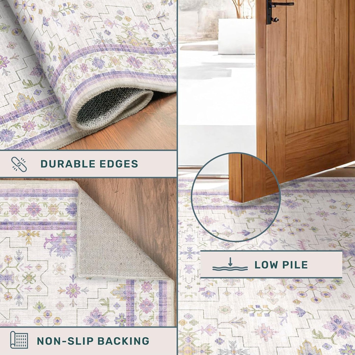 Light Purple Rug for Girls Bedroom, 5x8 Washable Floral Area Rug for Nursery Kids Room, Living Room, Lavender Dorm Decor, Non Slip Low Pile Pastel Foldable Carpet