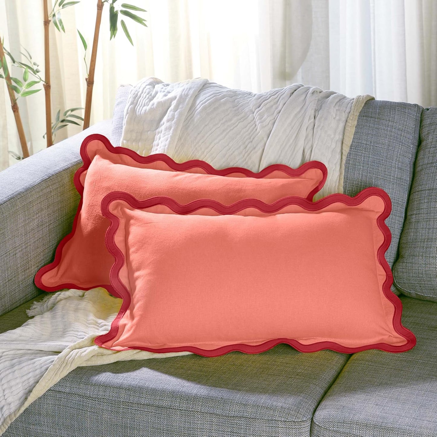 Folkulture 2 Pack 20" x 12" Coral Red Scallop Throw Pillow Covers, Boho Decorative Pillows for Living Room, Bedroom, Outdoor, Farmhouse, Neutral Christmas Decor