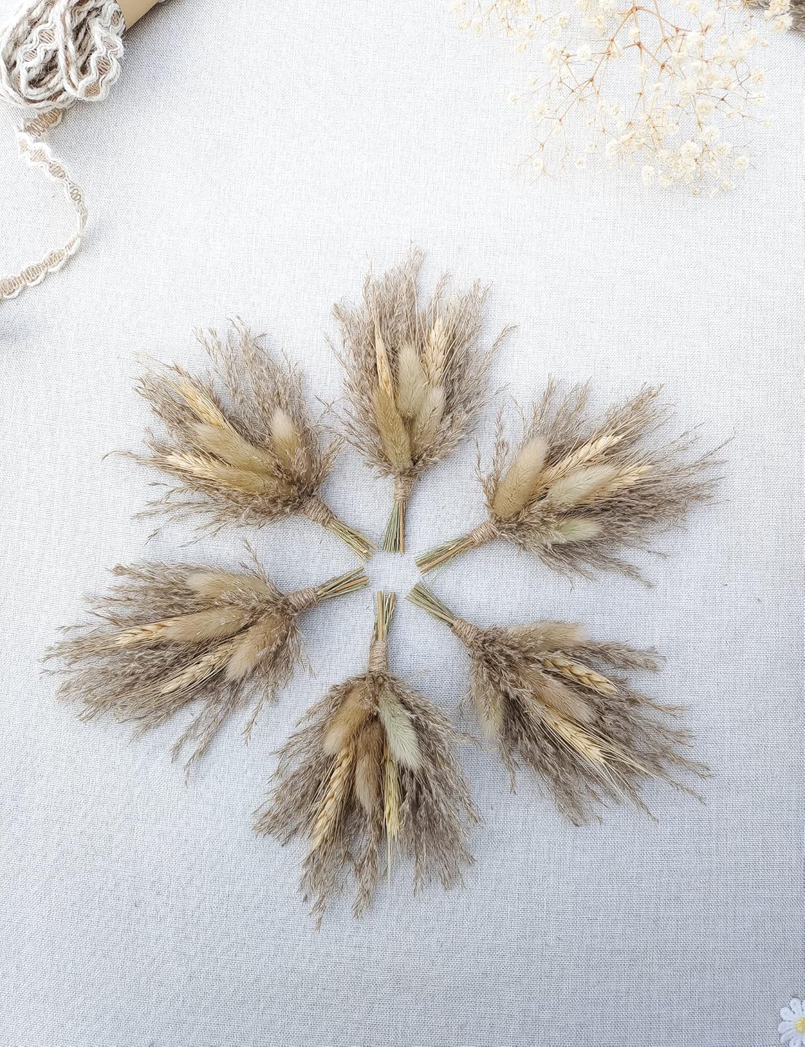 Mini Dried Flower Bouquet (Pack of 6), Pampas Dried Flower Bouquet, Bridal Showers, Parties, Bridesmaids Flower Girl Gift Boxes, Birthday Cake Arrangements (Brown)