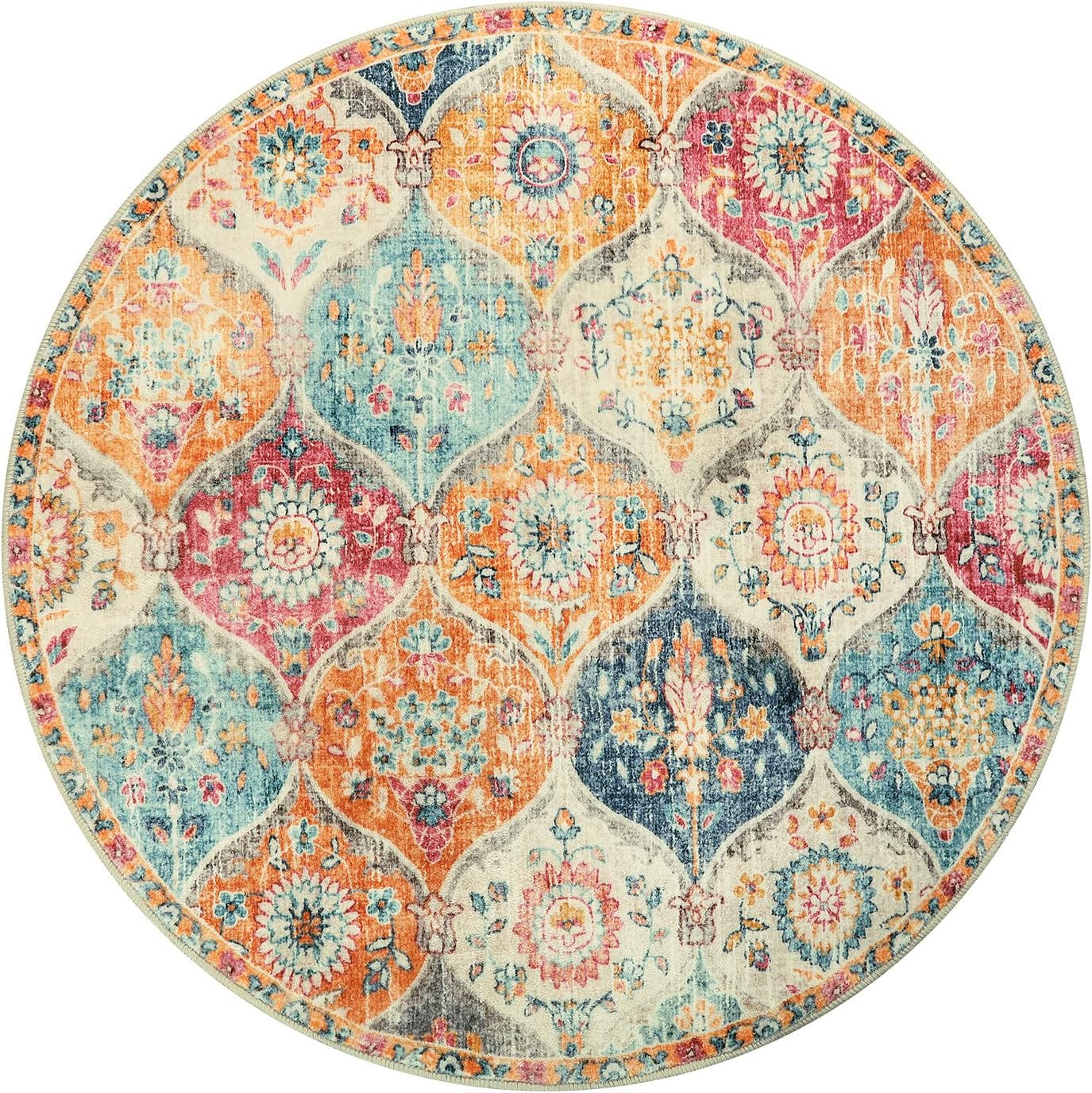 Lahome Moroccan Trellis Round Area Rugs, Washable Small Round Rug 3ft Non-Slip, Soft Vintage Ultra-Thin Circle Carpet for Bedroom Entryway Kitchen Laundry Bathroom, Cream/Multi