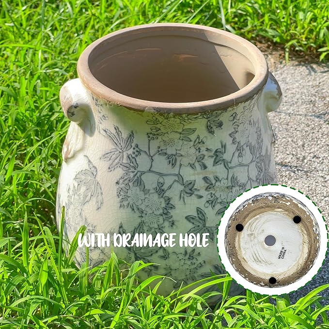 Vintage Grey Ceramic Ice Crack Glaze Flower Pot with Drainage Holes and With Handle, Country Rustic Planters for Indoor and Outdoor,Tuscan Decor,Home,Living Room, Garden Decor, Gardening Gift (Grey)