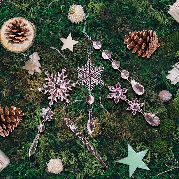 32pcs Crystal Christmas Ornaments for Christmas Tree Decorations-Pink Hanging Acrylic Snowflake and Icicle Ornaments with Drop Pendants for Xmas Winter Wonderland New Year Party Decorations Supplies