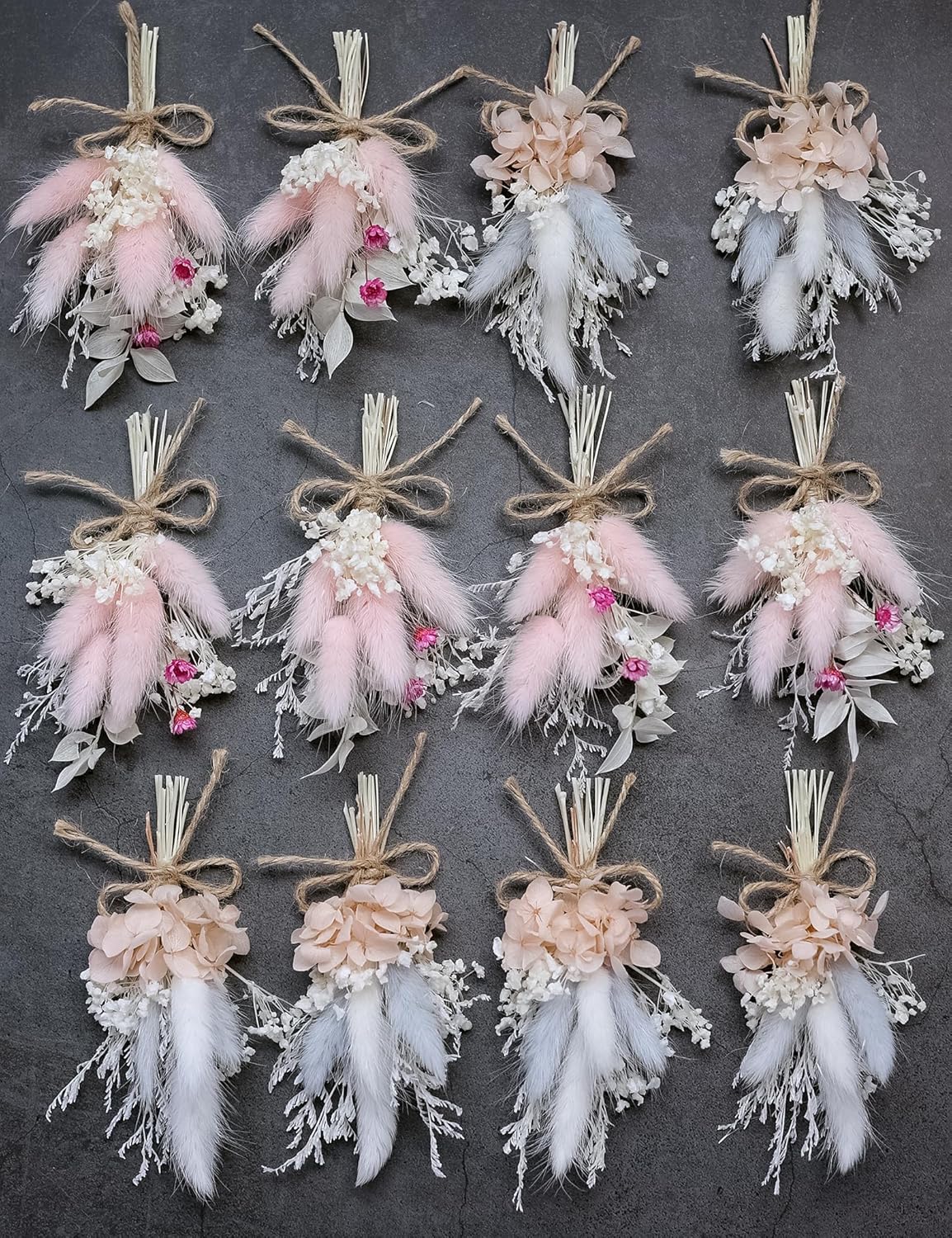 Mini Dried Flower Bouquet Set (12 pcs), Pink Bouquet, Birthday Cake Arrangement, Bridesmaid Flower Girl Proposal Gift Box, Groom Corsage(Pink)