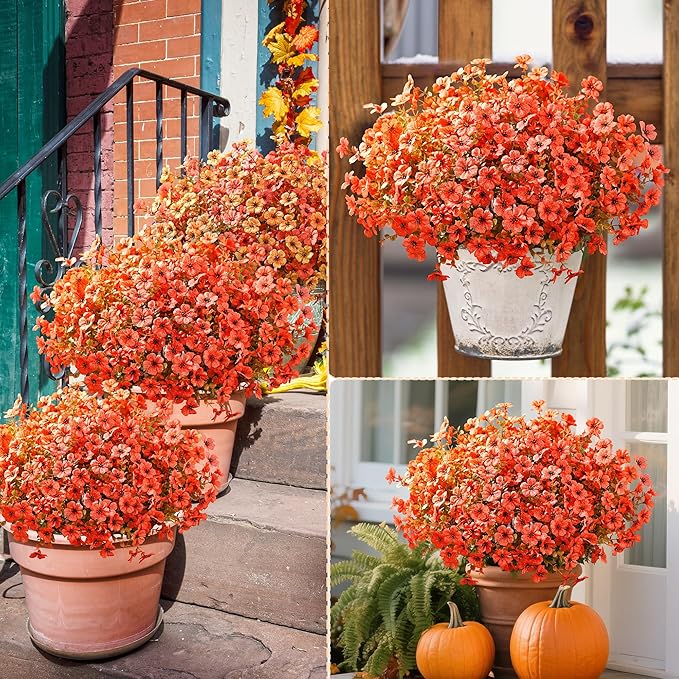 Waipfaru Fall Decor, Fake Mums, Flowers, UV Resistant Artificial Mums for Outdoors, 24 Bundles, Fall Flower Plants Artificial for Decoration Home Porch Thanksgiving,Light Red