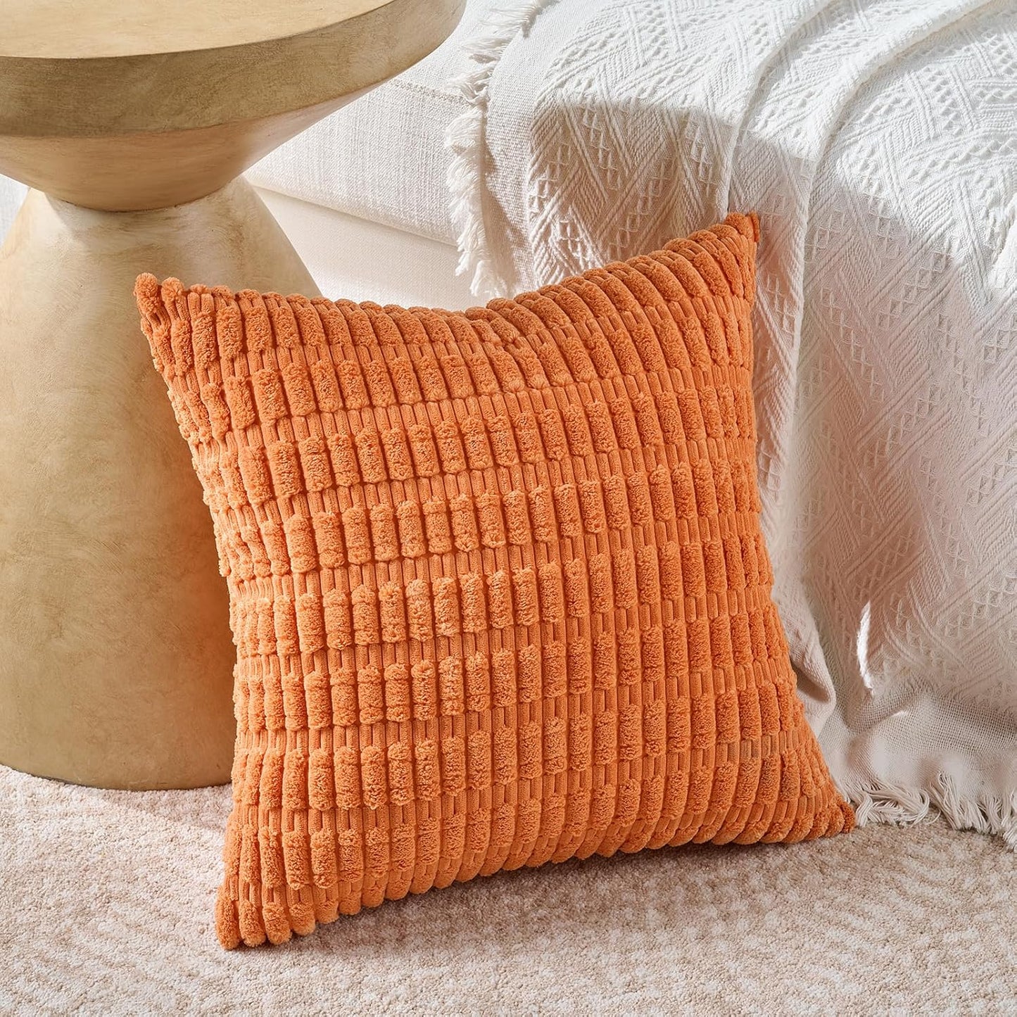 Fancy Homi Set of 4 Fall Decorative Throw Pillow Covers 12x12 Inch for Couch Bed Chair, Burnt Orange Series Farmhouse Boho Room Decor, Soft Fuzzy Corduroy Textured Striped Cushion Case 30cm