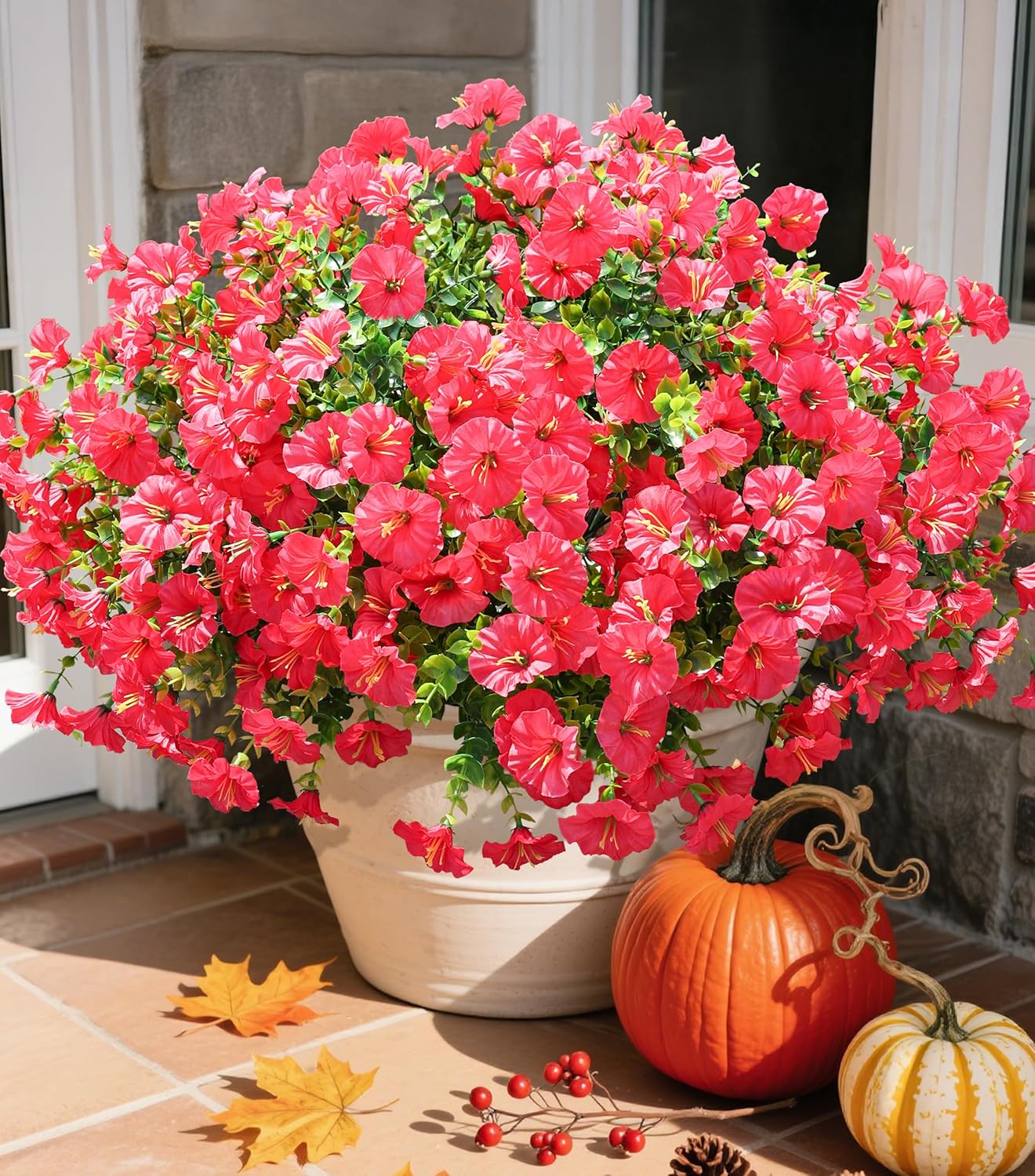 Fake Plants Artificial Flowers for Outdoor Outside Summer Decoration, 12 Bundles Faux Flowers Silk Hot Pink Morning Glory with Eucalyptus Look Real UV Resistant for Planter Front Door Porch Yard Patio