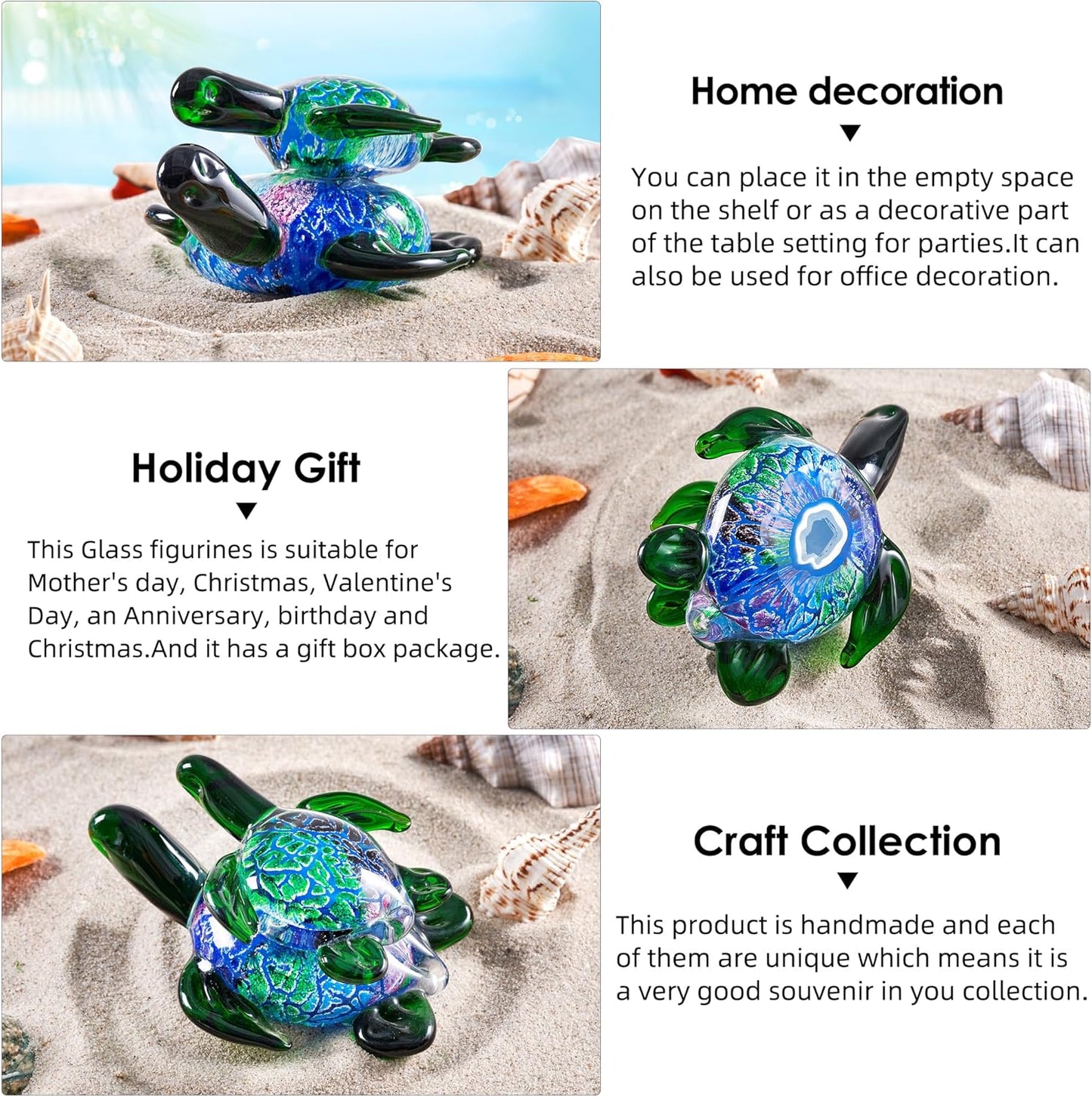 EUSTUMA Hand Blown Glass Sea Turtle with Babies Figurines,Sea Animal Ornament for Home Decor,Sea Animals Collection for Birthday Gift,Glass Tortoise Sculpture