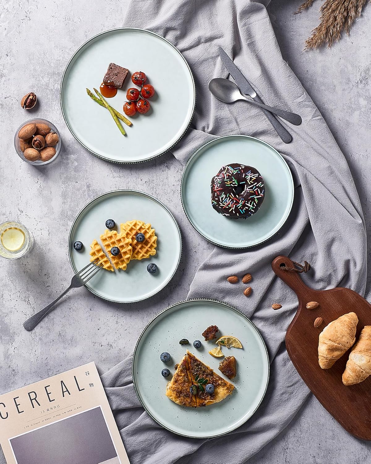 famiware Star Salad Plates for 6, 8 inches Plate Set, Stoneware Dinnerware, Small Dinner Plates for Dessert, Salad, Appetizer, Smoky Blue