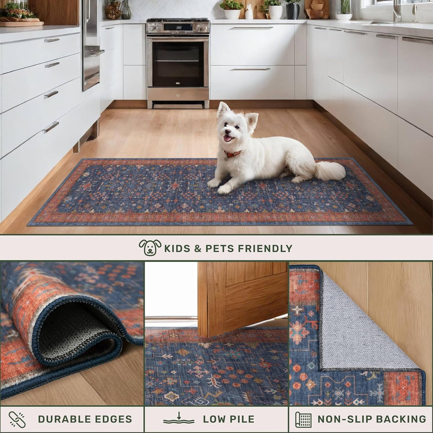 Dining Room Rugs for Under Table - 6x8 Washable Area Rug for Living Room, Low Pile Non-Slip Rugs for Bedroom - Navy Blue & Terracotta Vintage Boho Eclectic Home Decor