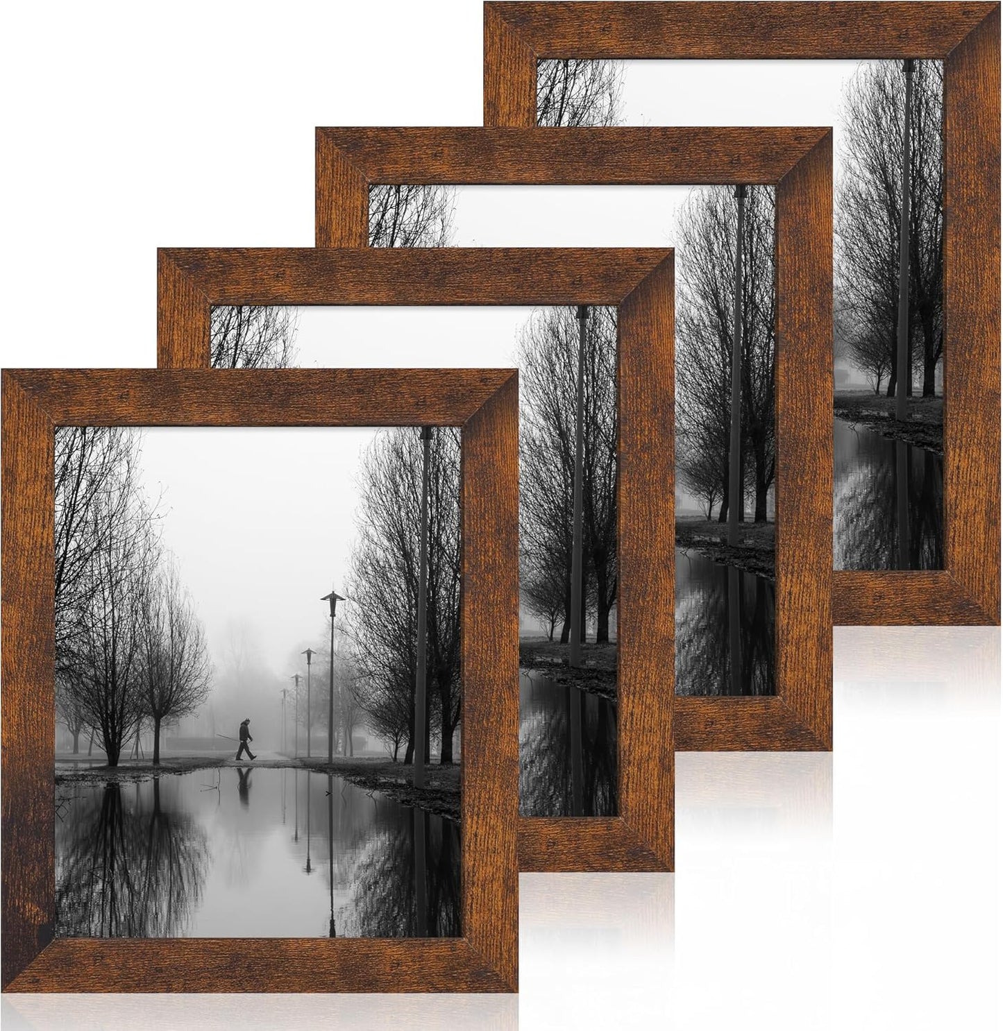iRahmen 8x10 Picture Frame Set of 4, High Definition Glass 8 x 10 Frame, Wood Rustic Photo Frames for Horizontal or Vertical Display Tabletop and Wall Mounting