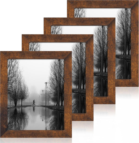 iRahmen 8x10 Picture Frame Set of 4, High Definition Glass 8 x 10 Frame, Wood Rustic Photo Frames for Horizontal or Vertical Display Tabletop and Wall Mounting