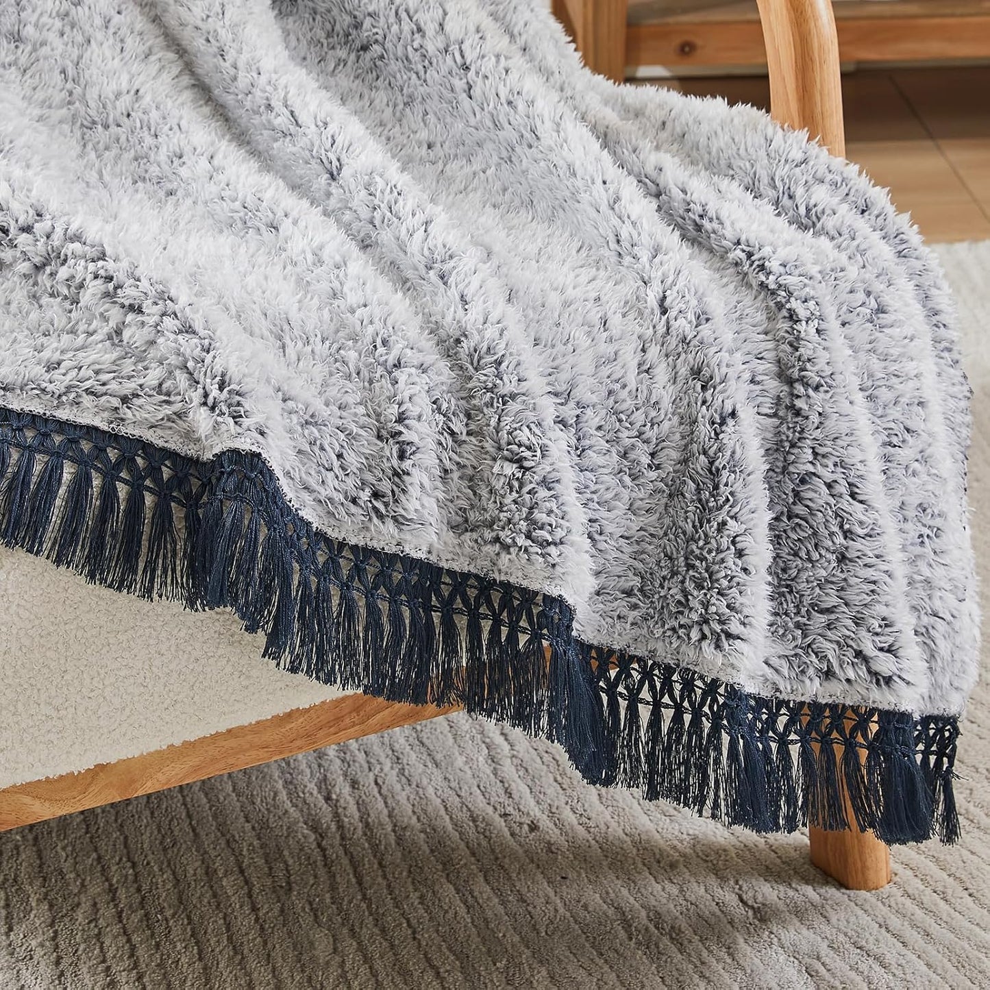 EMME Soft Sherpa Fleece Blanket with Tassel, Reversible Plush Fluffy Large Blanket, Light Weight Warm Decorative Boho Blanket Cover for Sofa, Couch, Bedroom,Travel(Tassel Navy,60"x80")