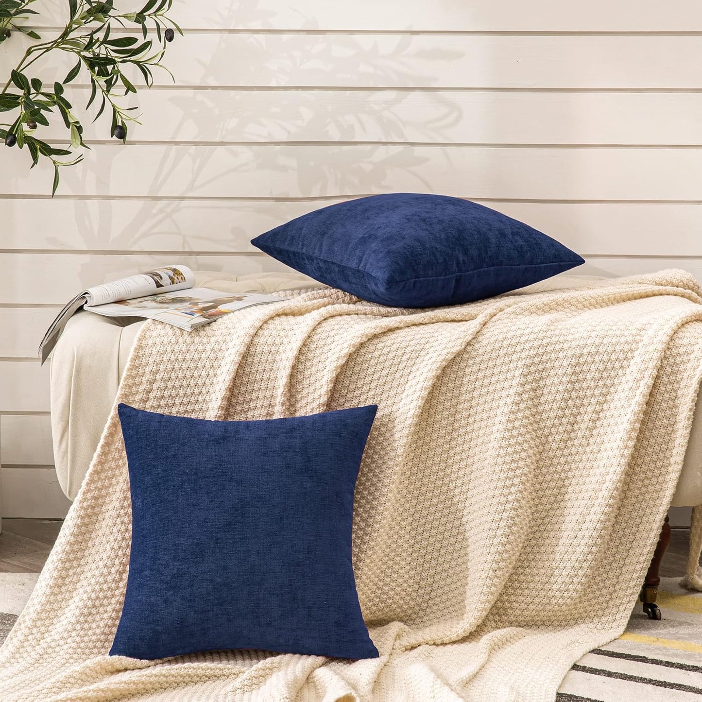 GAWAMAY Decorative Throw Pillow Covers 16x16 Inch Set of 2, Super Soft Chenille Square Pillows Farmhouse Fall Pillowcase for Living Room Bedroom Sofa Couch Cushion Cover Navy Blue 40x40cm
