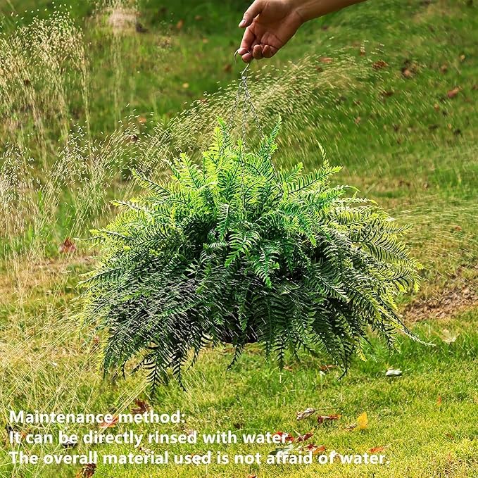 QIANYUN 1PCS Fake Hanging Plant- Boston Ferns UV Resistant Plastic Plants for Bedroom Living Room Garden Decor- Including Hanging Planters (Persian-Green)