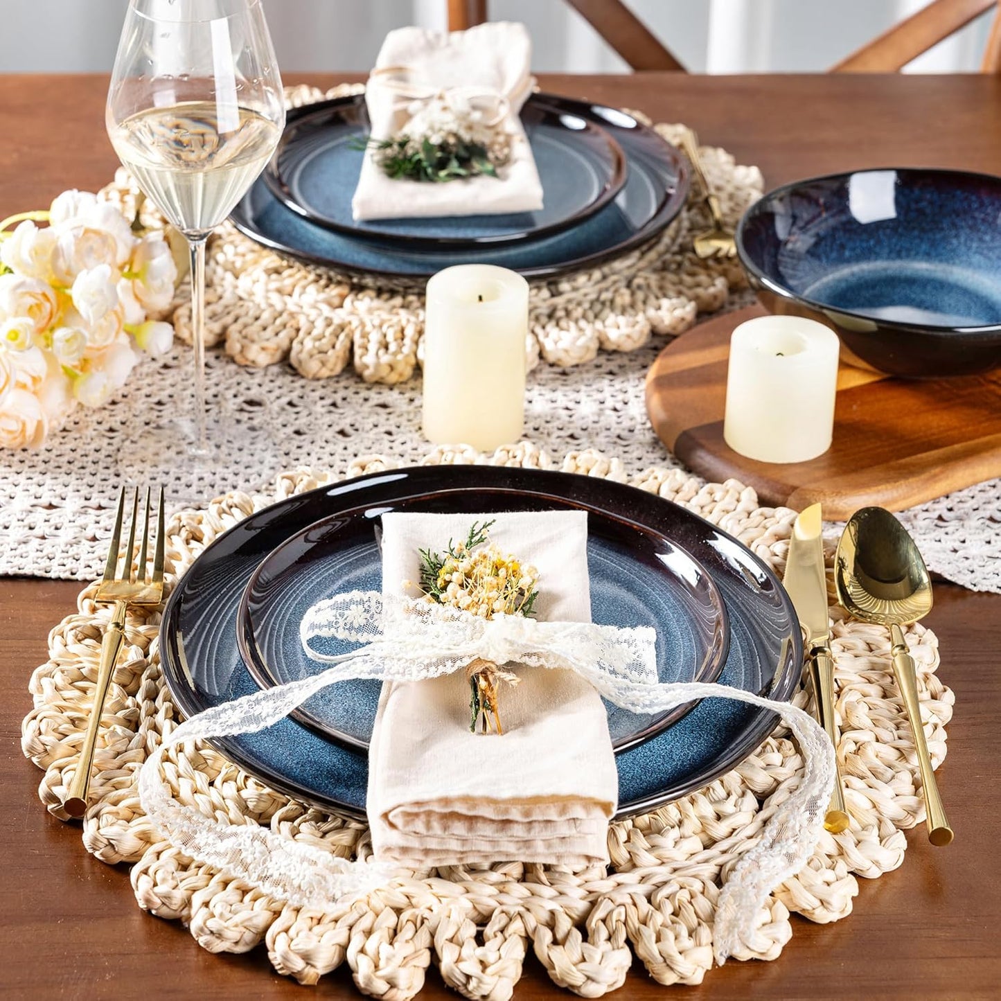 LeRatio Ceramic Dinnerware Sets for 4,Wavy Reactive Glaze Stoneware Plates and Bowls Sets,Highly Scratch Resistant | Dishwasher & Microwave,Oven Safe Dishes Set(12PCS)