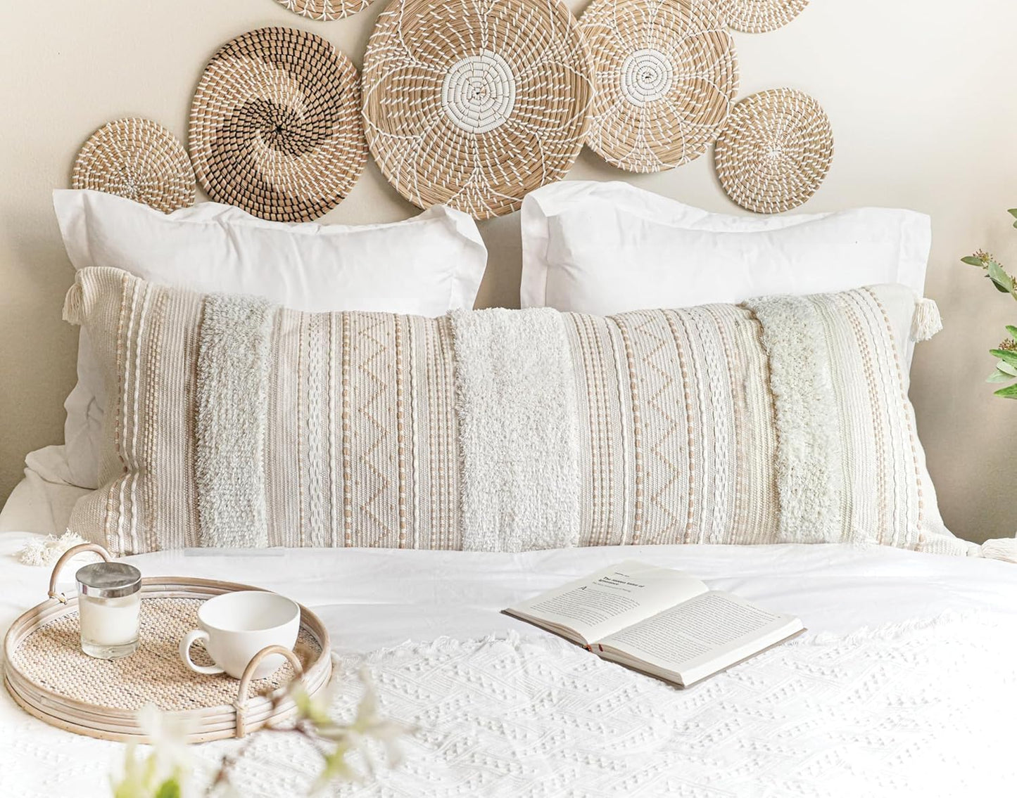 BlissBlush Large Body Pillow Cover for Bed 20x54 Boho Accent Oversized Long Pillowcase for Bedroom Neutral White Decorative Cushion Farmhouse Home Décor (Cover ONLY, Pack of 1)