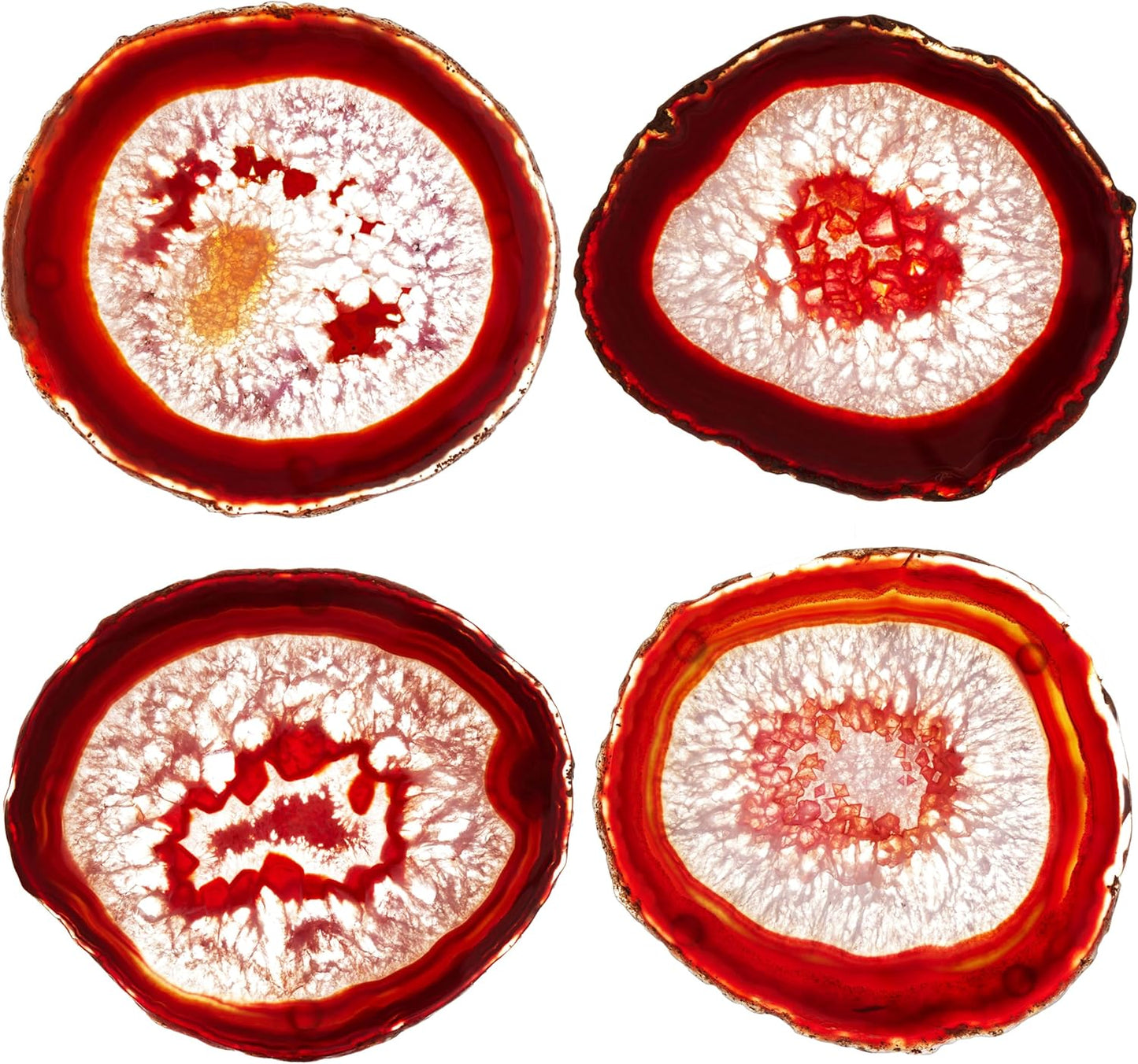 Luxury Lane Set of 4 Large Natural Brazilian Agate Slice Geode Rock Stone Drink Coasters with Wood Holder 4.3-4.7 inch Centerpiece Table Decoration, Red