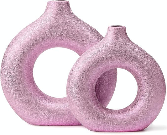 Set of 2 Donut Hollow Ceramic Vase Handmade Minimalist Boho ins Style, Modern Vase for Home Decor for Wedding Dinner Table Party Living Room Office Bedroom (Purple-Gold, Extra Large + Large)