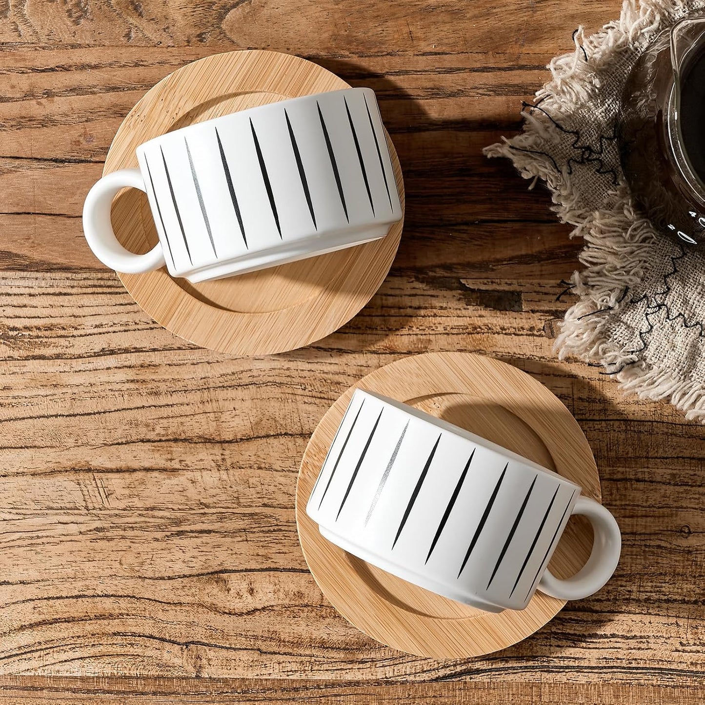 LUKA 6 Ounce Porcelain Stackable Espresso Cups with Saucers and Metal Stand Set of 4, Ceramic Cappuccino Cups Set for Specialty Coffee Drinks, Latte, Cafe Mocha and Tea, Stripes, White