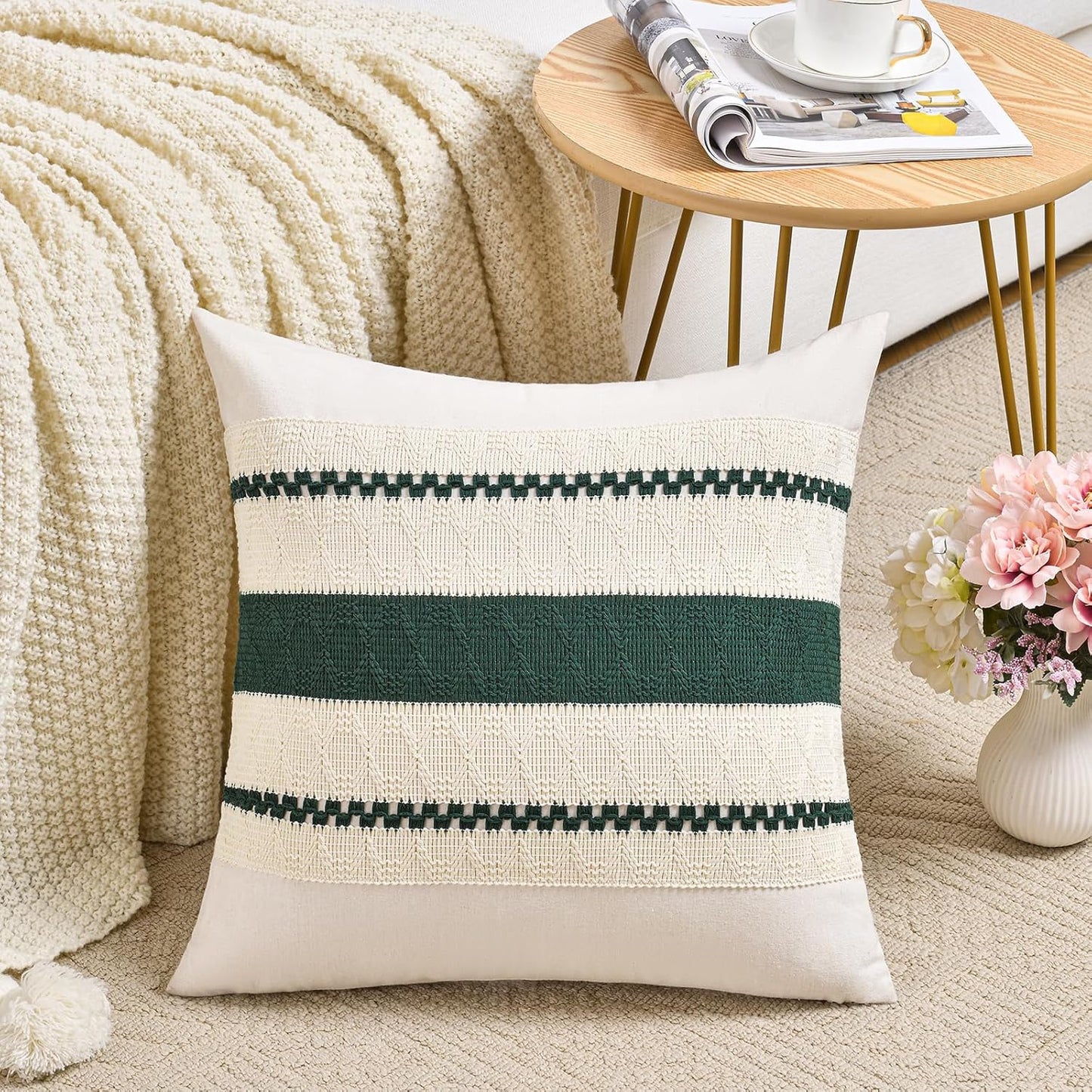 Fancy Homi Set of 2 Dark Green Boho Decorative Throw Pillow Covers 20x20 Inch for Couch Bed Sofa Bedroom Indoors, Modern Farmhouse Vintage Forest Green Living Room Decor