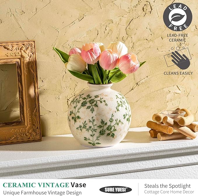 Green and Beige Pastoral Vase, Vintage Round Ceramic Floral Vases, Decorative Rustic Farmhouse Vase for Flowers, Living Room, Office Chinoiserie Home Decor, Tuscan Cottage Core Centerpiece 5.9 Inch