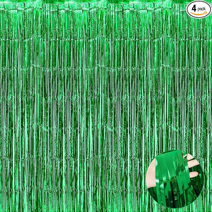 4 Pack Green Foil Fringe Curtain Backdrop, 3.3Ft x 9.8Ft Metallic Tinsel Foil Fringe Streamers Curtains for Photo Booth, Wedding, Thanksgiving, Birthday, Christmas, Halloween Party Decoration