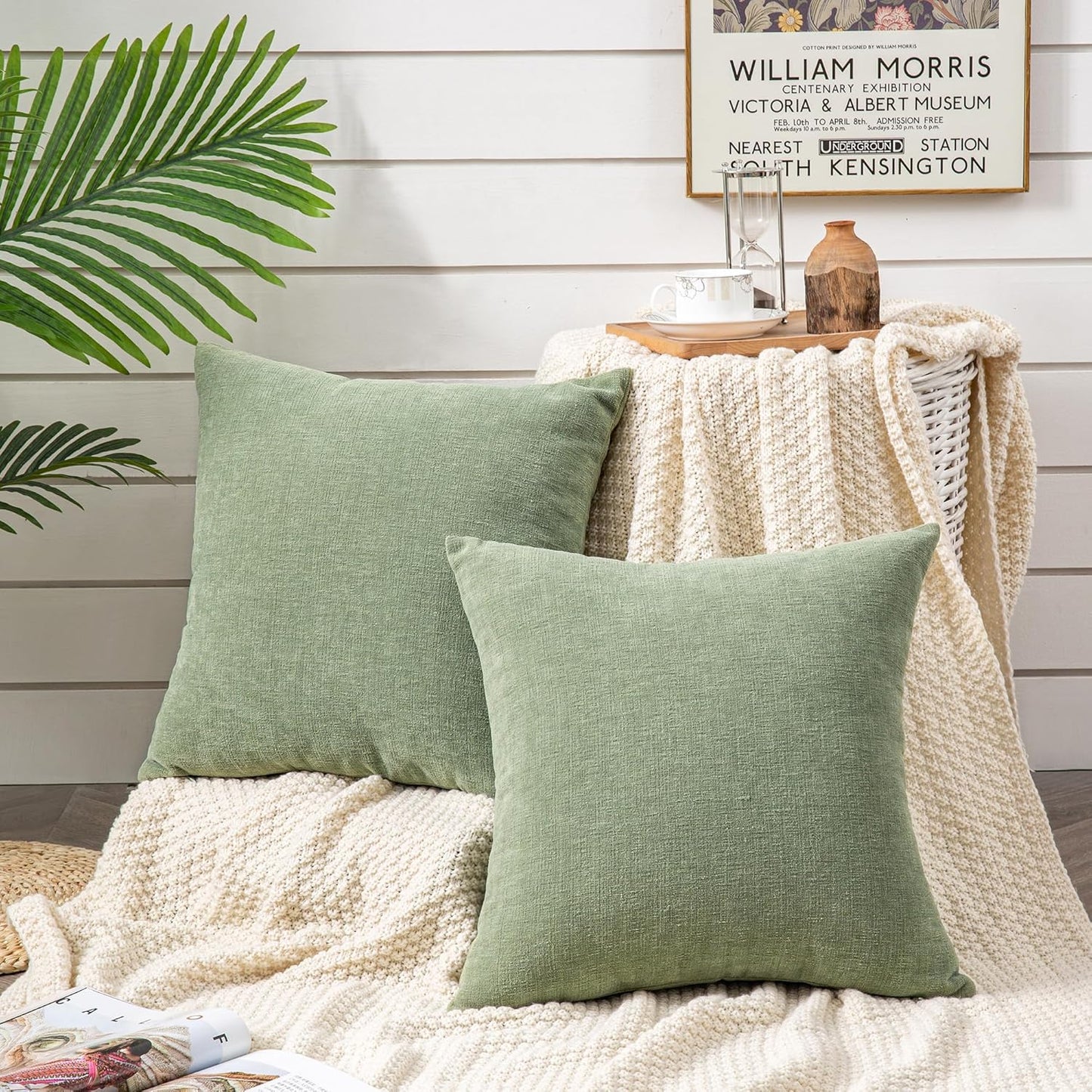 GAWAMAY Decorative Chenille Throw Pillow Covers 24x24 Inch Pack of 2, Soft Square Couch Pillow Cover for Sofa Cushion Living Room Bedroom Solid Dyed Pillowcases Sage Green 60x60cm (ONLY Covers)