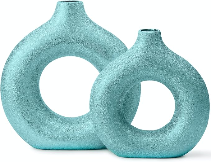 Set of 2 Donut Hollow Ceramic Vase Handmade Minimalist Boho ins Style, Modern Vase for Home Decor for Wedding Dinner Table Party Living Room Office Bedroom (Blue-Gold, Extra Large + Large)