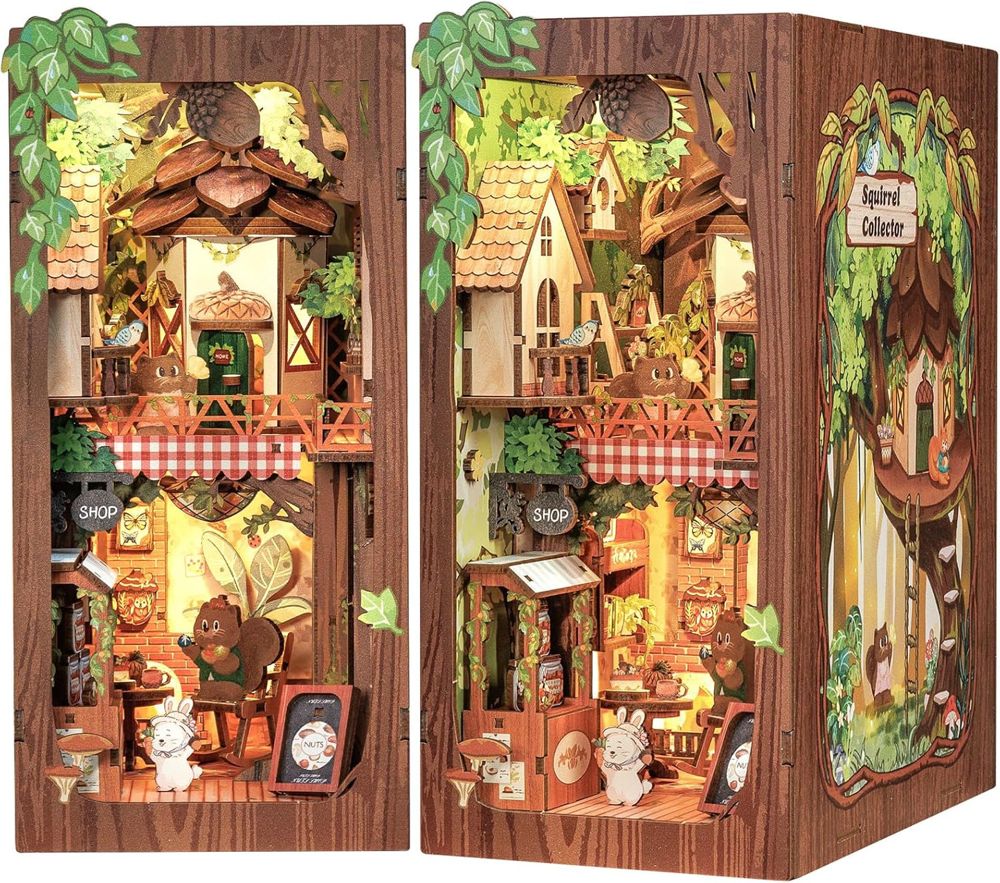 Cutefun Book Nook Kit, DIY Miniature Dollhouse Kit for Teens and Adults, 3D Wooden Puzzle Bookends with LED Light, Bookshelf Insert Decor with Dust Cover, Christmas Birthday Gifts (Squirrel Collector)