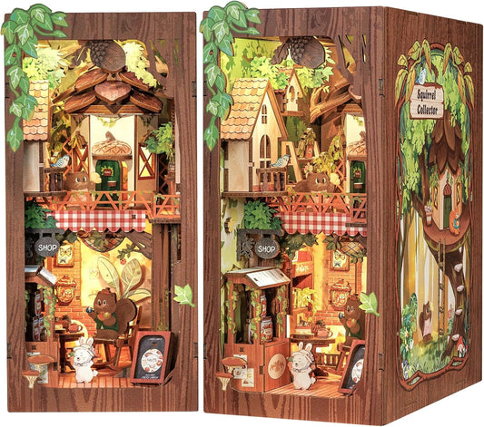 Cutefun Book Nook Kit, DIY Miniature Dollhouse Kit for Teens and Adults, 3D Wooden Puzzle Bookends with LED Light, Bookshelf Insert Decor with Dust Cover, Christmas Birthday Gifts (Squirrel Collector)