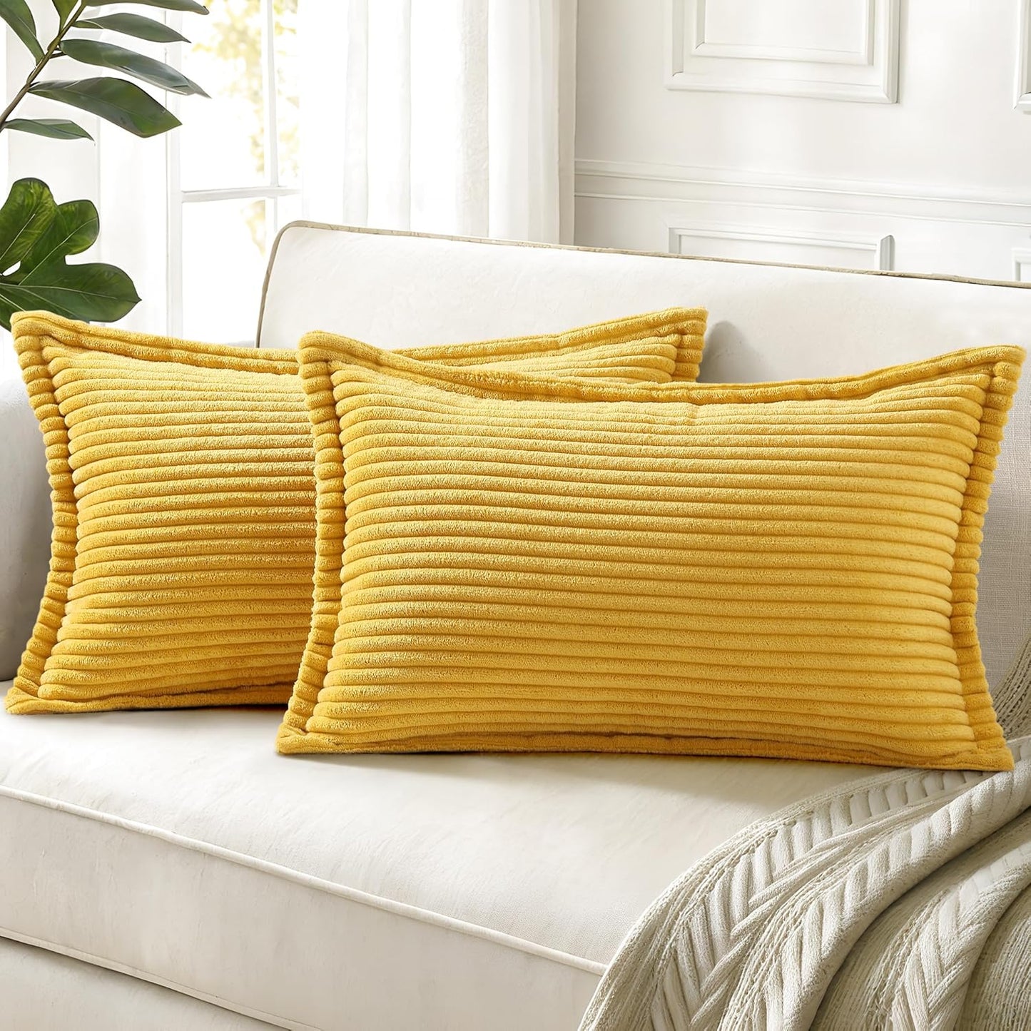 decorUhome Corduroy Mustard Yellow Throw Pillow Covers 12x20 Set of 2 Decorative Soft Boho Farmhouse Lumbar Euro Couch Pillow Covers for Living Room Bed Sofa Broadside Striped Pillow Cases