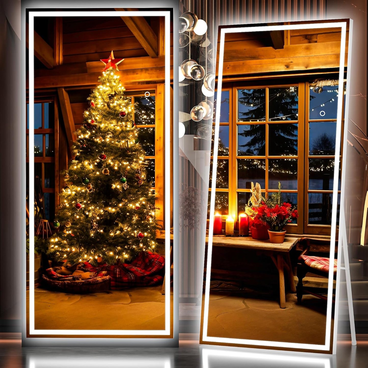 Hasipu Full Length Mirror with Lights, 79" x 32" LED Lighted Floor Standing Mirror, Full Body Dressing Hanging Mounted Mirrors, Dimmable, Tempered Glass, Safe to Use, Square White