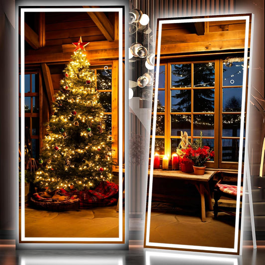 Hasipu Full Length Mirror with Lights, 79" x 32" LED Lighted Floor Standing Mirror, Full Body Dressing Hanging Mounted Mirrors, Dimmable, Tempered Glass, Safe to Use, Square White