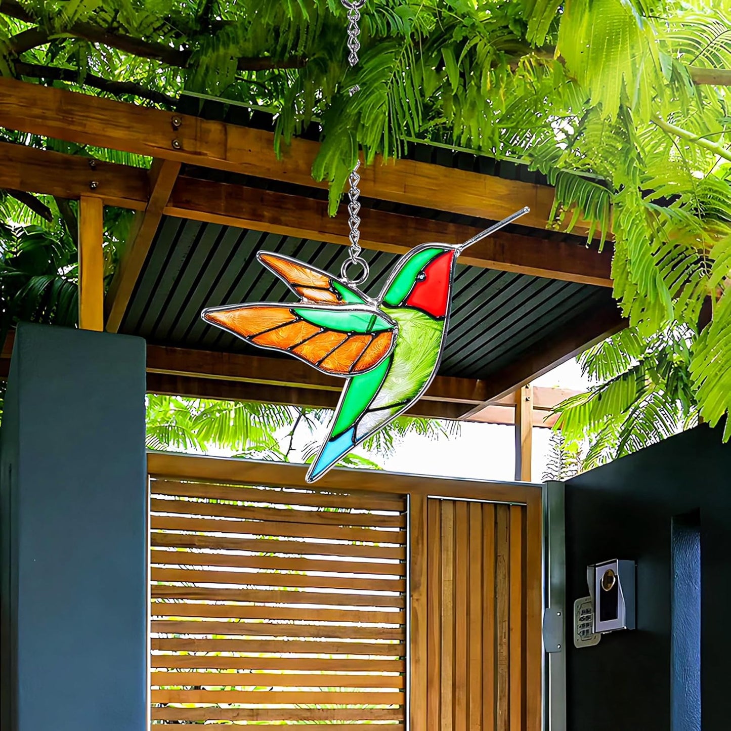 Handmade Stained Glass Hummingbird Hanging Ornament - Colorful 4.3x4.9 Inch Window/Garden Decor for Mom, Grandma, Mother's Day - Patio, Home, Wedding Decorations (Yellow Wing)