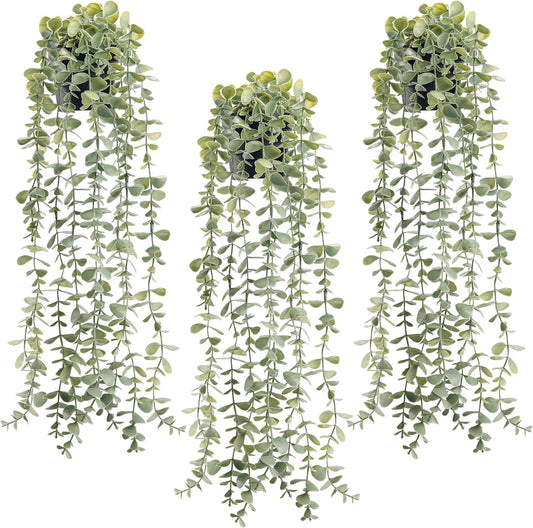 Der Rose 3Pcs Fake Plants Hanging Artificial Decor Faux Potted Eucalyptus Plants for Boho Bathroom Home Office Desk Wall Shelf Bookcase Accessories Decor Indoor