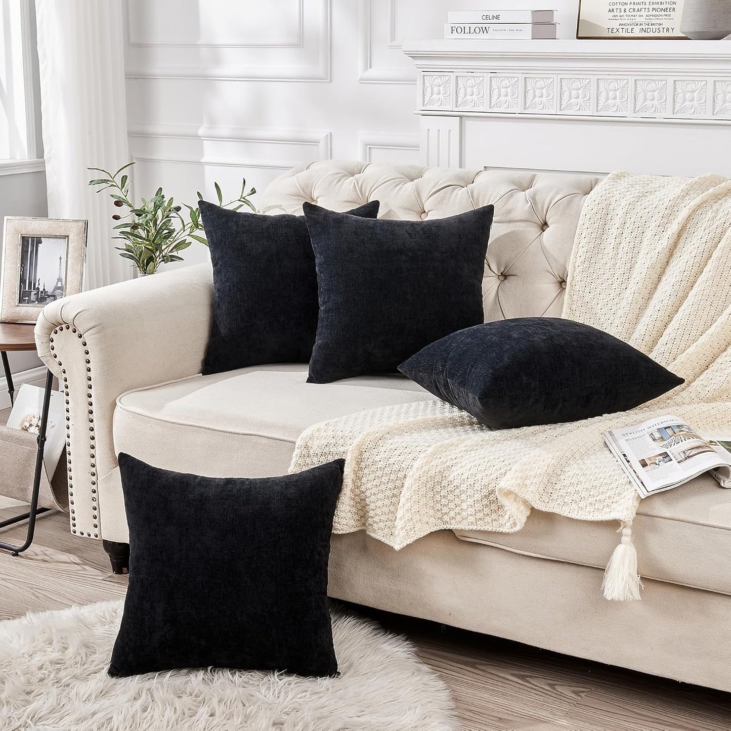 GAWAMAY Decorative Square Throw Pillow Covers 18"x18" Inch Set of 4, Super Soft Chenille Pillows Farmhouse Fall Pillowcase for Living Room Bedroom Sofa Couch Cushion Cover Black 45x45cm (No Insert)