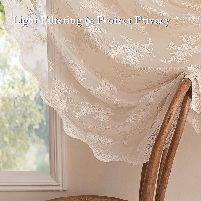 MEETSKY Lace Sheer Curtains 96 Inches Long Set of 2 Vintage Victorian French Elegant Scalloped Boho Style Light Filtering Back Tab Rod Pocket Drapes for Home Decor, 50"x96", 2 Panels, Oatmeal Beige