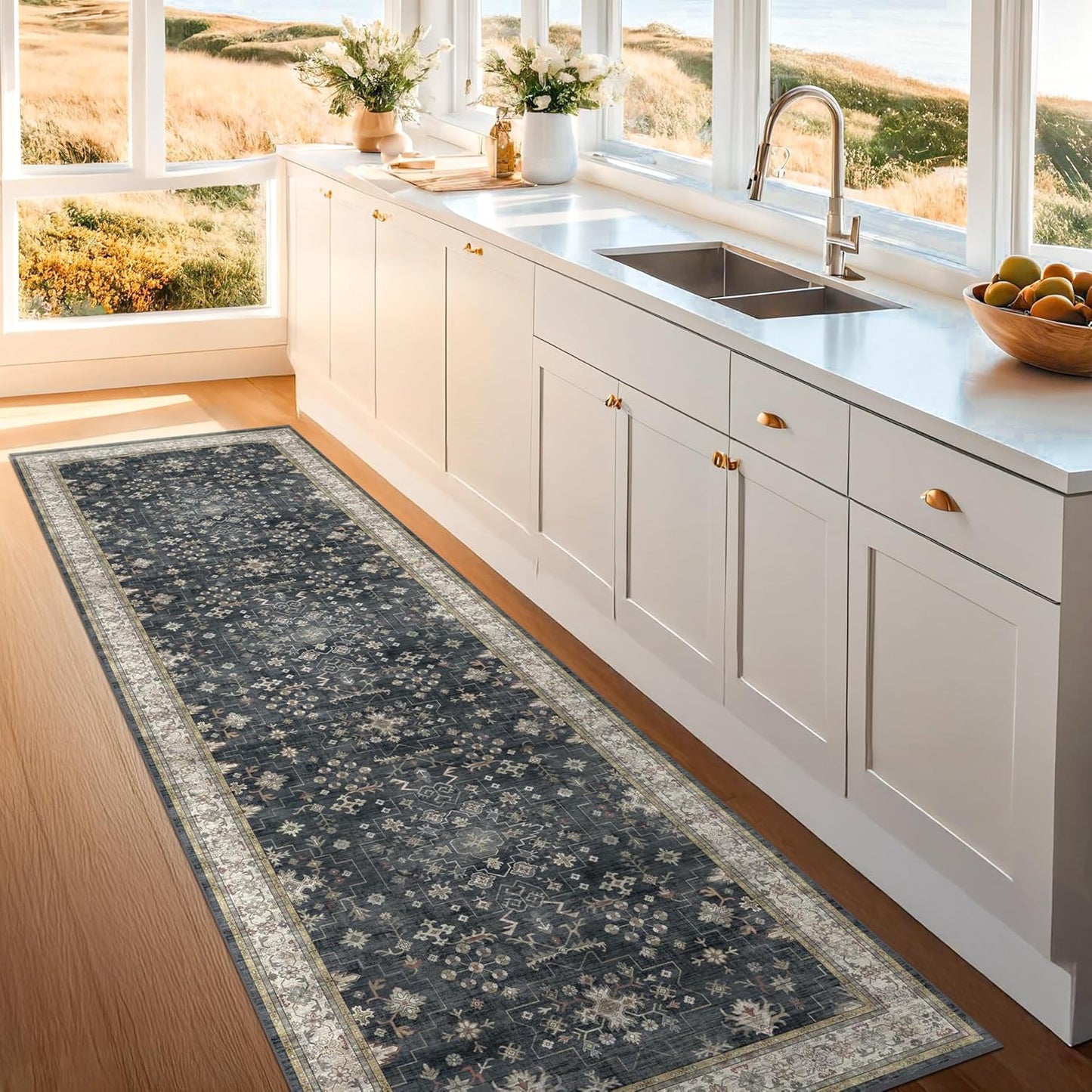 Black Washable 8ft Long Runners for Hallways, 3x8 Kitchen Runner Rug, Entryway Indoor Runner, Non Slip Boho Vintage Floor Décor for High Traffic Area