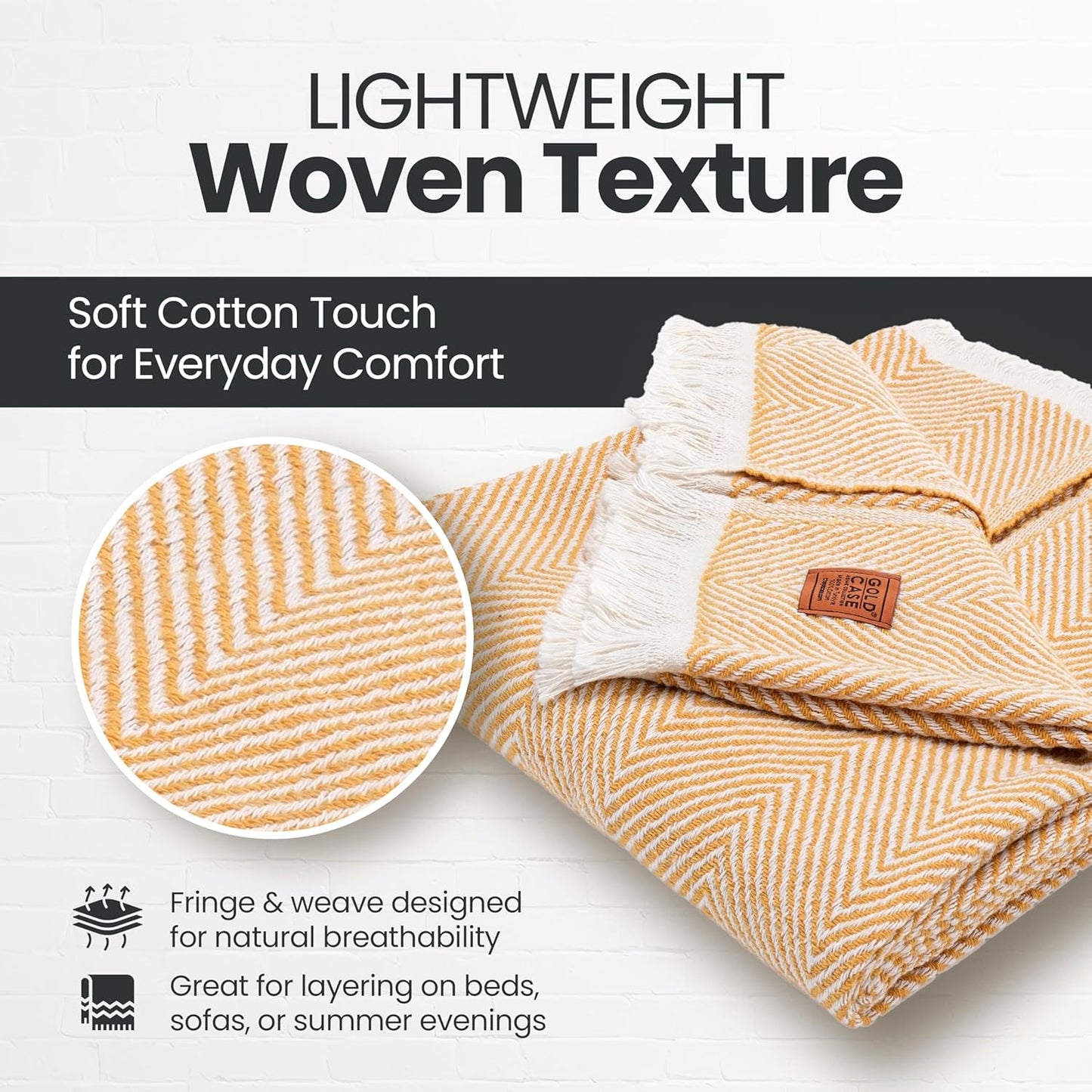 Gold Case Throw Blanket for Couch - 100% Recycled Turkish Cotton Blankets & Throws - Elegant Soft Throw Blankets for Living Room - Boho Decorative Woven Couch Blanket - 60x80 - Mustard