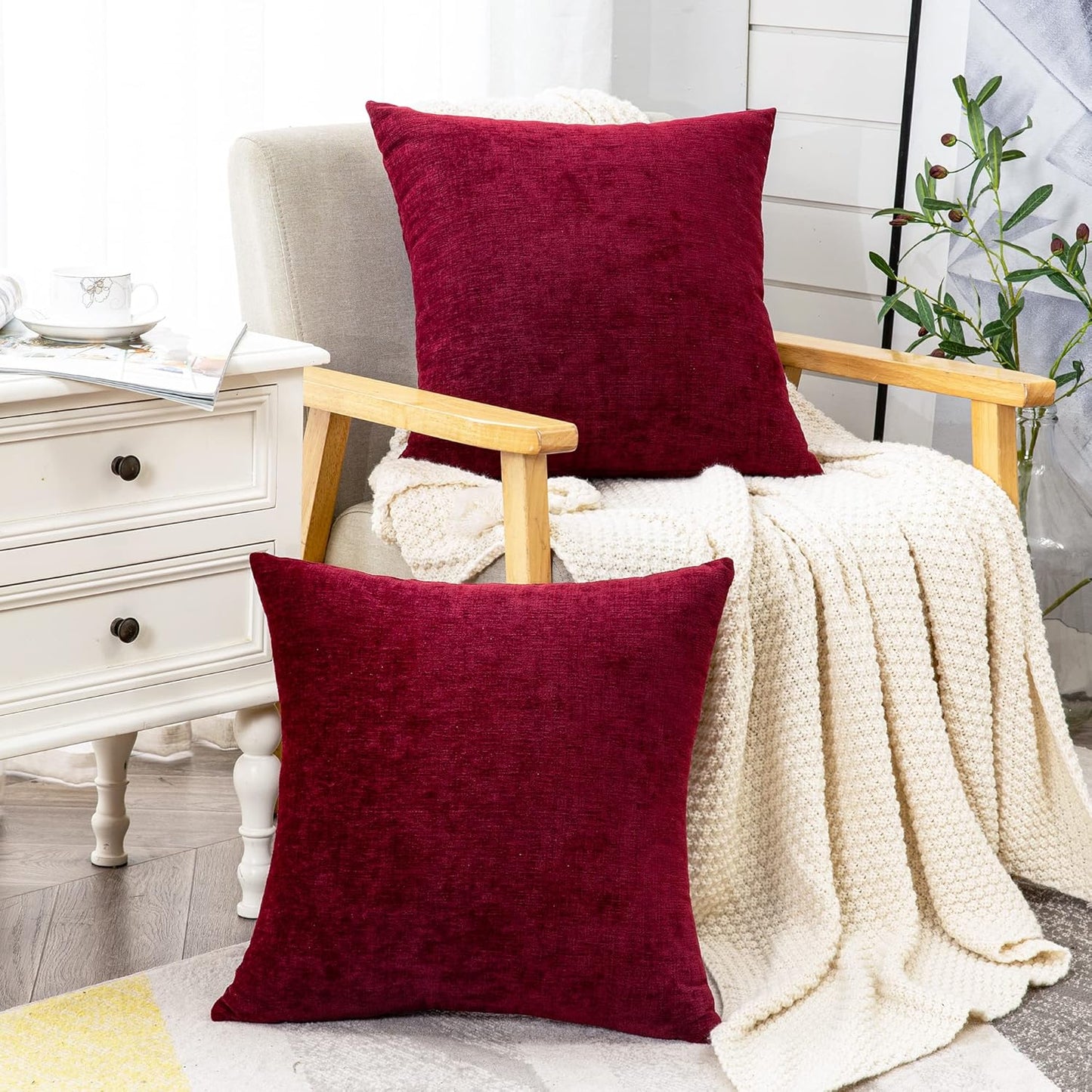 GAWAMAY Decorative Square Throw Pillow Covers 18"x18" Inch Set of 2, Super Soft Chenille Pillows Cover Fall Pillowcase for Living Room Bedroom Sofa Couch Cushion Cover Burgundy Red 45x45cm