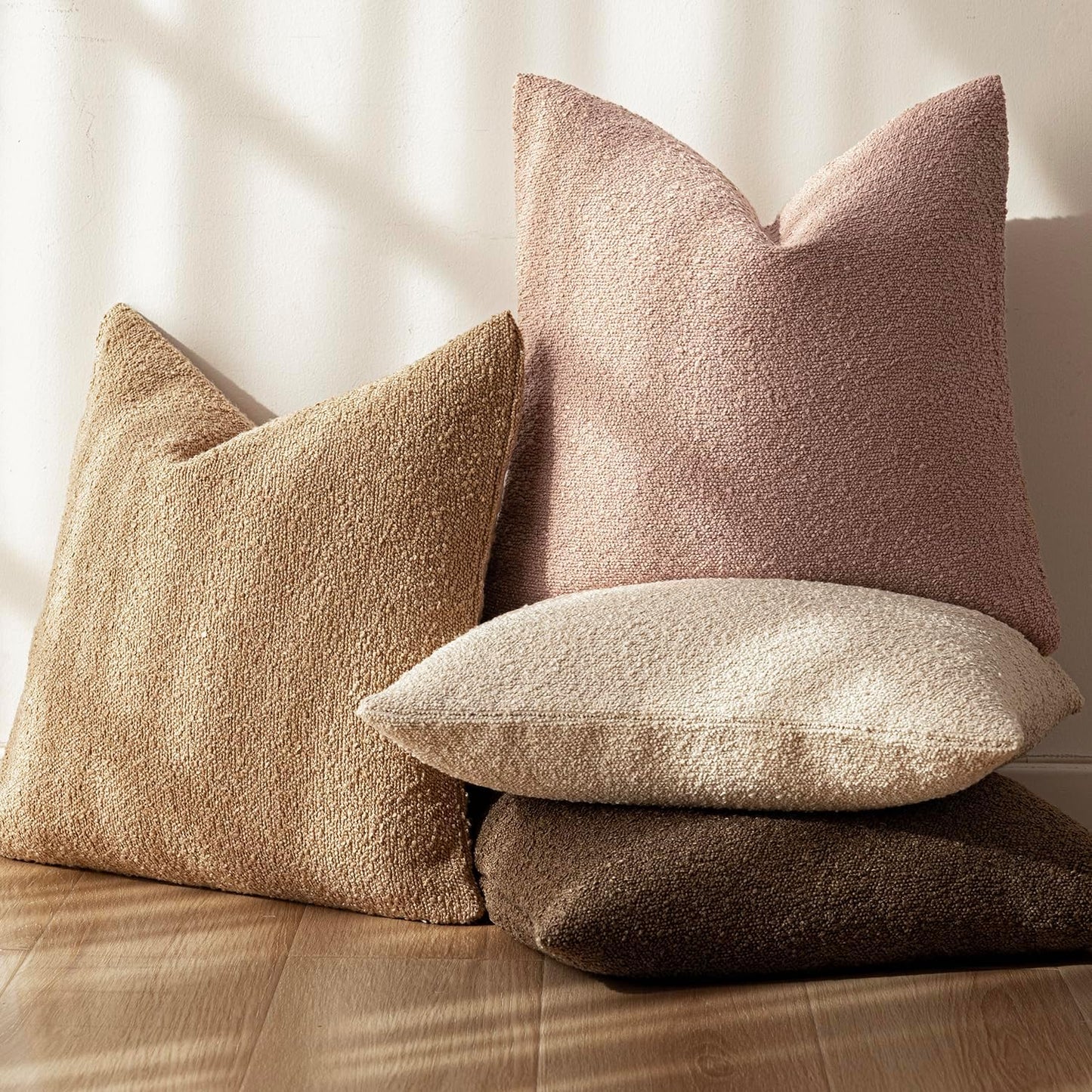 Foindtower Set of 2, Decorative Textured Boucle Throw Pillow Covers Accent Solid Pillow Cases Neutral Soft Cozy Couch Cushion Case for Chair Sofa Bedroom Living Room Home Decor 20 x 20 Inch Light Pink