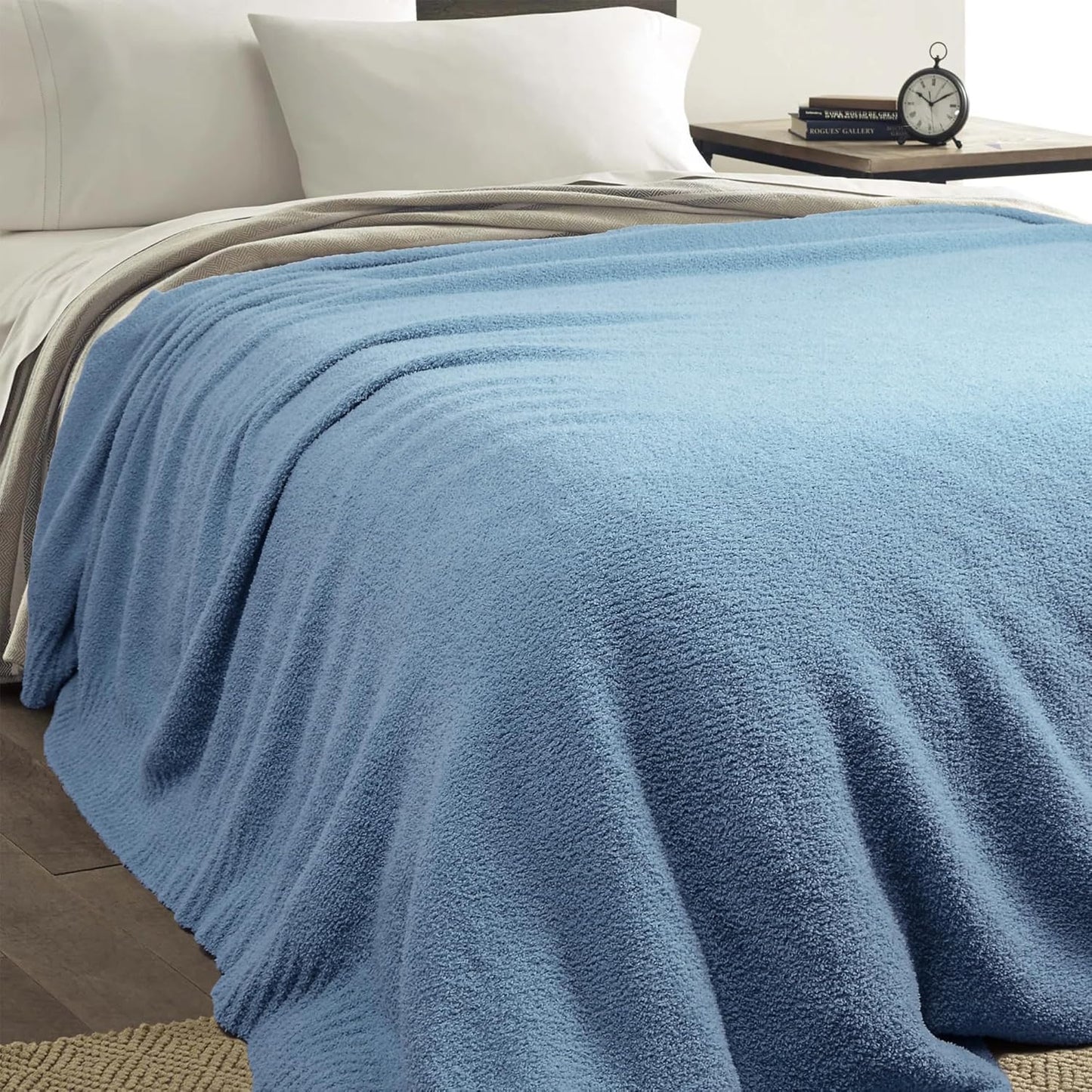 JOOJA Cream White Blanket Warm Queen Size Fuzzy Knitted Blanket, Oversized Luxury Bed Blankets, Soft Queen Blanket for Bed, Lightweight Plush Blanket Queen Size for Cozy Nights (Dusty Blue, 90x90)