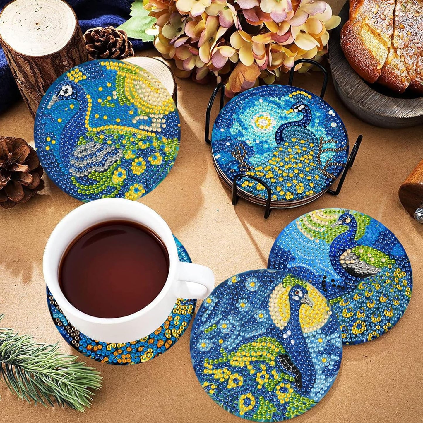 DOTSOPS 8 Pcs Animal Diamond Art Kits for Adults Diamond Art Coasters with Holder BeginnersCraft for Christmas Birthday(Peacock)