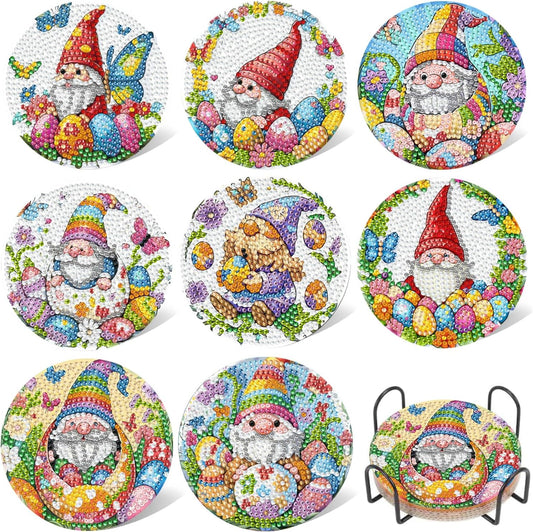 DOZEEZOP 8 PCS Diamond Art Coasters Kit, Diamond Painting Coasters with Holder, Fall Diamond Art Kits for Adults Beginners, Arts and Crafts Supplies Party Item Sets The Cute Gnome