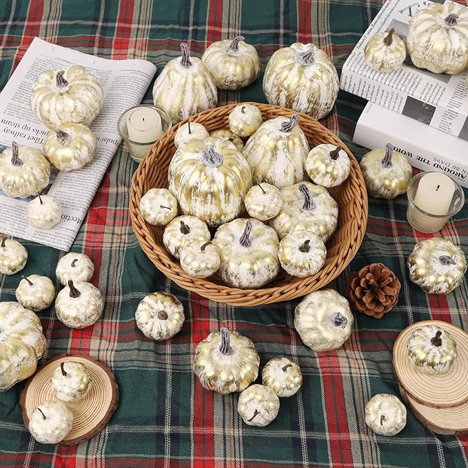 winemana 46 Pcs Assorted Size Artificial Pumpkins Fall Decorations, Gold Foam Pumpkin Autumn Decor, Decorative Faux Pumpkin for Halloween Thanksgiving Table Centerpiece Mantle Bowl Wedding Party